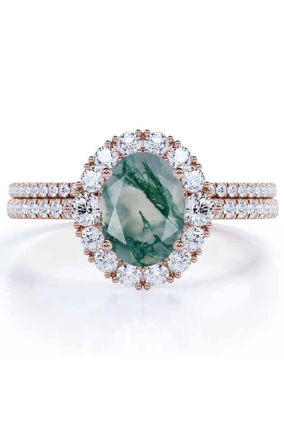 Pave Design - 2 Carat Egg Shape Natural Opaque Mossy Green Agate - Halo Cluster Wedding Ring Set - 18K Rose Gold Plating over Silver