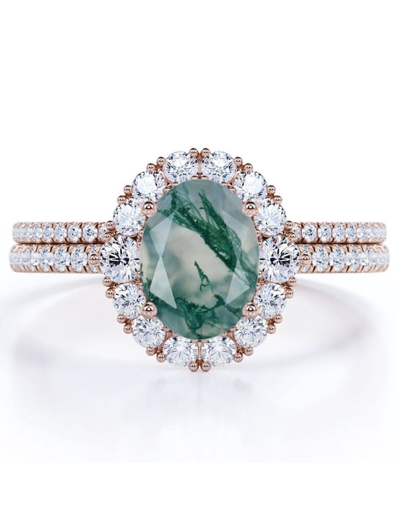 Pave Design - 2 Carat Egg Shape Natural Opaque Mossy Green Agate - Halo Cluster Wedding Ring Set - 18K Rose Gold Plating over Silver