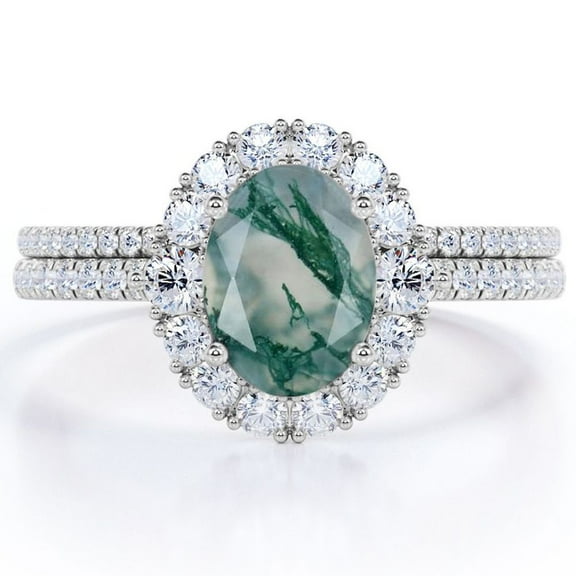 JeenMata Pave Design - 2 Carat Egg Shape Natural Opaque Mossy Green Agate - Halo Cluster Wedding Ring Set - 18K White Gold Plating over Silver