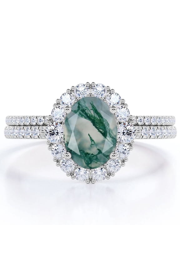 Pave Design - 2 Carat Egg Shape Natural Opaque Mossy Green Agate - Halo Cluster Wedding Ring Set - 18K White Gold Plating over Silver