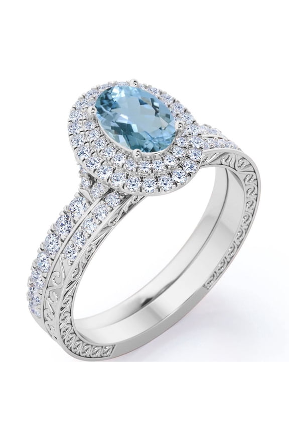 Pave Double Cluster 1.5 Carat Egg Shaped Ocean Blue Created Aquamarine and Moissanite Edwardian Filigree Bridal Set in 18K White Gold Plating over Silver