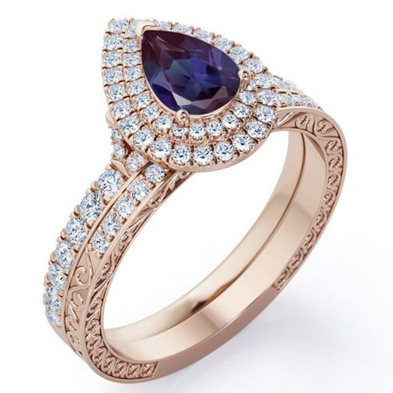 JeenMata Pave Dual Halo 1.75 Carat Teardrop Lab Created Alexandrite and Moissanite Victorian Style Bridal Ring Set in 18K Rose Gold Plating over Silver