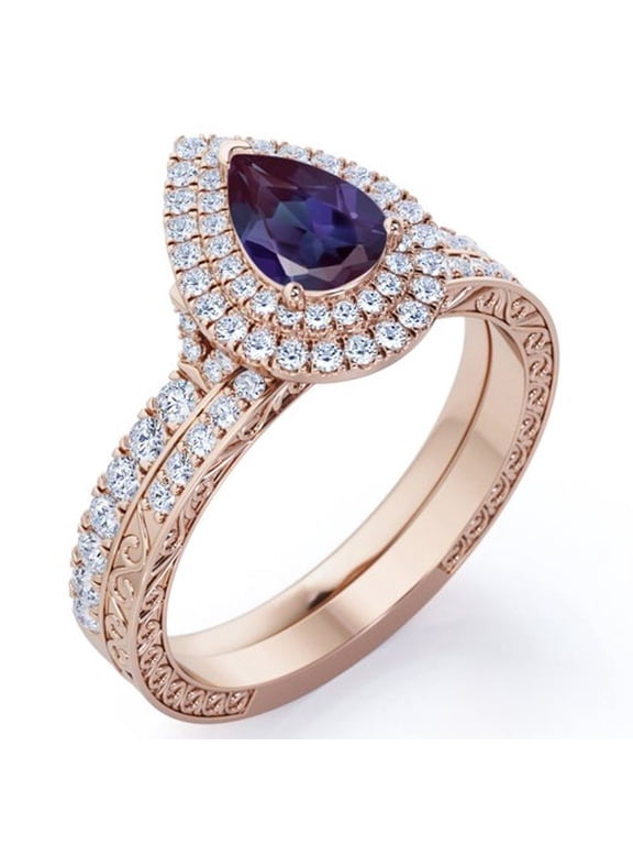 Pave Dual Halo 1.75 Carat Teardrop Lab Created Alexandrite and Moissanite Victorian Style Bridal Ring Set in 18K Rose Gold Plating over Silver