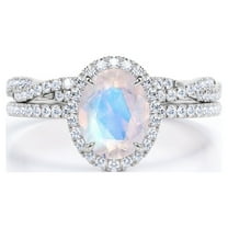 JeenMata Pave Halo Setting 1.75 Carat Oval Cut Blue Moonstone and Moissanite Infinity Twisted Shank Bridal Set in 18K White Gold Plating over Silver