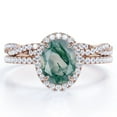 thumbnail image 1 of JeenMata Pave Halo Setting 1.75 Carat Oval Cut Clear Druzy Moss Green Agate and Moissanite Infinity Twisted Shank Bridal Set in 18K Rose Gold Plating over Silver, 1 of 7
