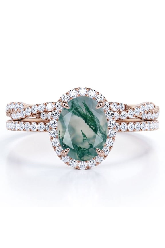 Pave Halo Setting 1.75 Carat Oval Cut Clear Druzy Moss Green Agate and Moissanite Infinity Twisted Shank Bridal Set in 18K Rose Gold Plating over Silver