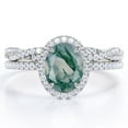 thumbnail image 1 of JeenMata Pave Halo Setting 1.75 Carat Oval Cut Clear Druzy Moss Green Agate and Moissanite Infinity Twisted Shank Bridal Set in 18K White Gold Plating over Silver, 1 of 7