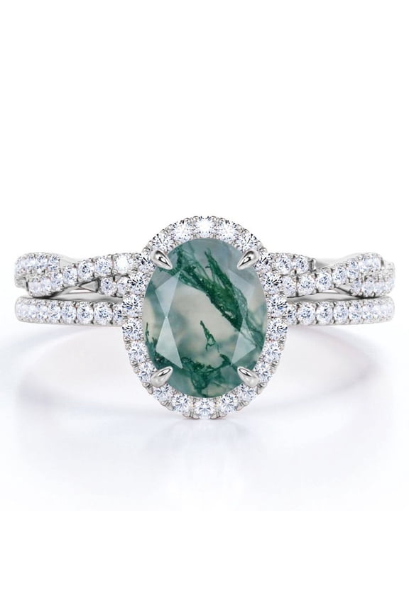 Pave Halo Setting 1.75 Carat Oval Cut Clear Druzy Moss Green Agate and Moissanite Infinity Twisted Shank Bridal Set in 18K White Gold Plating over Silver