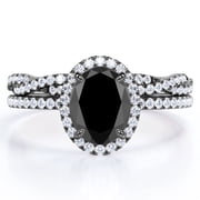 JeenMata Pave Halo Setting 1.75 Carat Oval Cut Lab Grown Black Diamond and Moissanite Infinity Twisted Shank Bridal Set in 18K Black Gold Plating over Silver