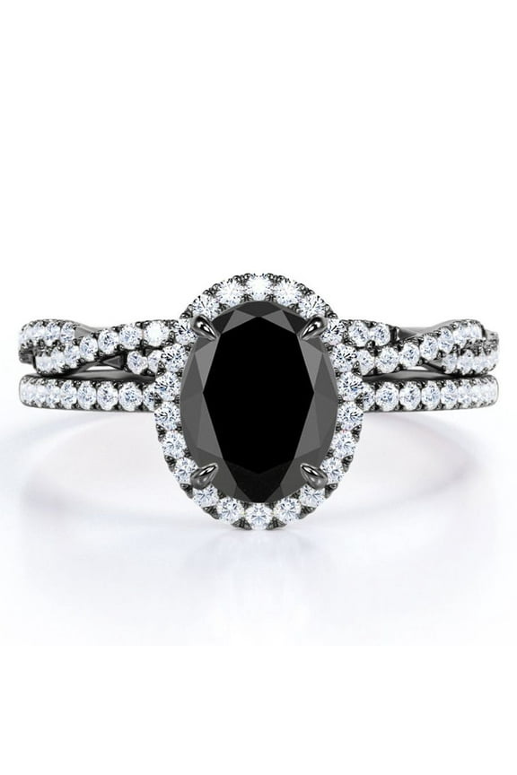 Pave Halo Setting 1.75 Carat Oval Cut Lab Grown Black Diamond and Moissanite Infinity Twisted Shank Bridal Set in 18K Black Gold Plating over Silver