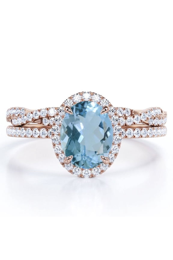 Pave Halo Setting 1.75 Carat Oval Cut Light Blue Created Aquamarine And Moissanite Infinity Twisted Shank Bridal Set in 18K Rose Gold Plating over Silver