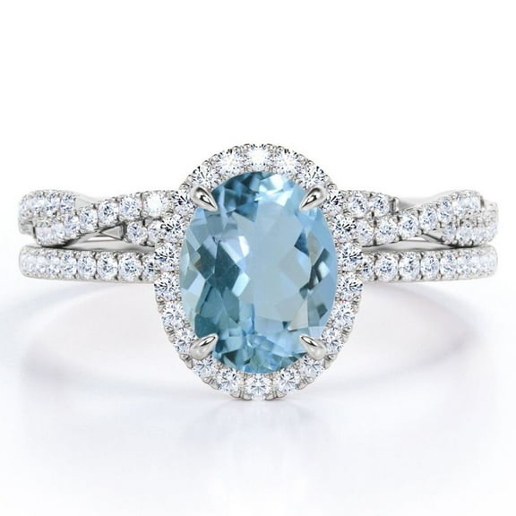JeenMata Pave Halo Setting 1.75 Carat Oval Cut Light Blue Created Aquamarine And Moissanite Infinity Twisted Shank Bridal Set in 18K White Gold Plating over Silver