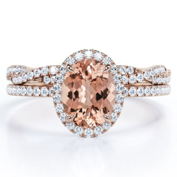 JeenMata Pave Halo Setting 1.75 Carat Oval Cut Peach created morganite and Moissanite Infinity Twisted Shank Bridal Set in 18K Rose Gold Plating over Silver