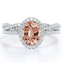 JeenMata Pave Halo Setting 1.75 Carat Oval Cut Peach created morganite and Moissanite Infinity Twisted Shank Bridal Set in 18K White Gold Plating over Silver