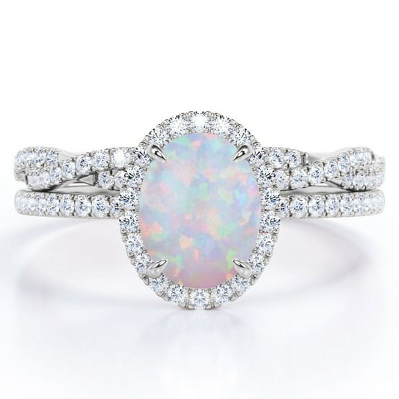 JeenMata Pave Halo Setting 1.75 Carat Oval Cut Real Opal and Moissanite Infinity Twisted Shank Bridal Set in 18K White Gold Plating over Silver