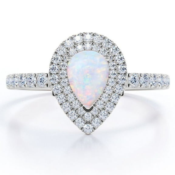JeenMata Pave Set 1.5 Carat Pear Shaped White Opal and Moissanite Double Halo Cluster Engagement Ring in 18K White Gold Plating over Silver