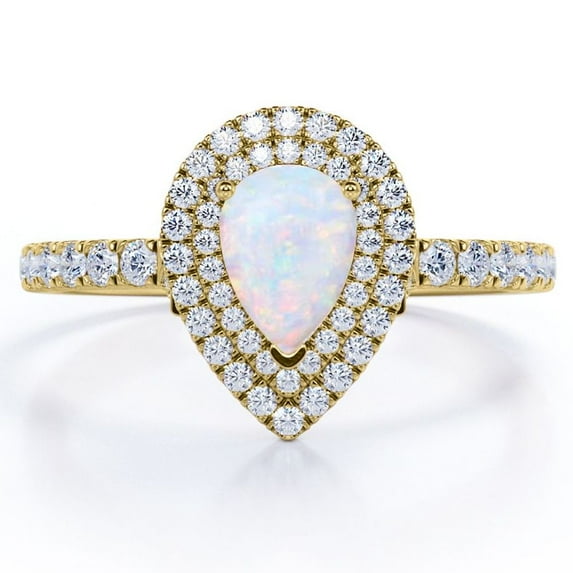 JeenMata Pave Set 1.5 Carat Pear Shaped White Opal and Moissanite Double Halo Cluster Engagement Ring in 18K Yellow Gold Plating over Silver