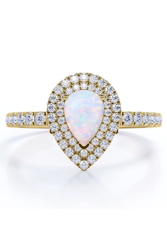 Pave Set 1.5 Carat Pear Shaped White Opal and Moissanite Double Halo Cluster Engagement Ring in 18K Yellow Gold Plating over Silver