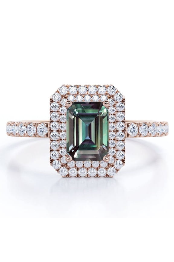 Pave Set 1.75 Carat Emerald Cut Lab Grown Alexandrite and Moissanite Dual Halo Engagement Ring in 18K Rose Gold Plating over Silver