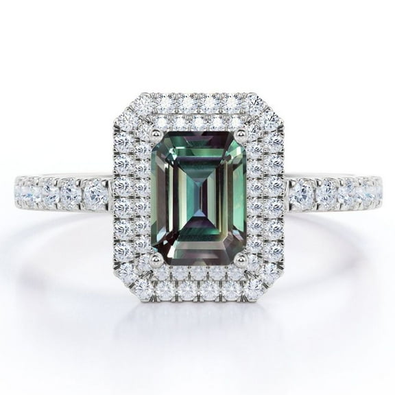 JeenMata Pave Set 1.75 Carat Emerald Cut Lab Grown Alexandrite and Moissanite Dual Halo Engagement Ring in 18K White Gold Plating over Silver