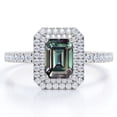 thumbnail image 1 of JeenMata Pave Set 1.75 Carat Emerald Cut Lab Grown Alexandrite and Moissanite Dual Halo Engagement Ring in 18K White Gold Plating over Silver, 1 of 6