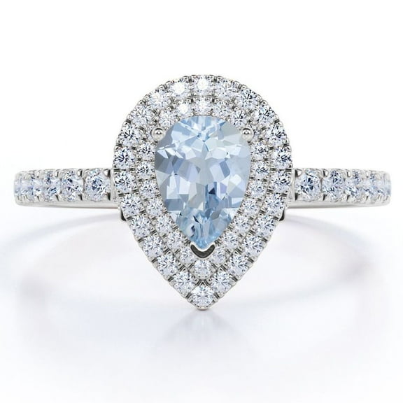 JeenMata Pave Setting - 1.75 Carat Teardrop Deep Blue Created Aquamarine and Moissanite - Dual Cluster Engagement Ring - 18K White Gold Plating over Silver