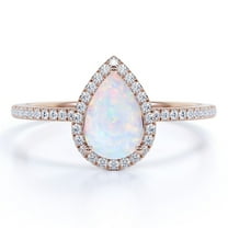 JeenMata Pave Setting - 1 Carat Pear Cut White Fiery Opal and Moissanite - Triple Prong Set - Halo Engagement Ring - 18K Rose Gold Plating over Silver