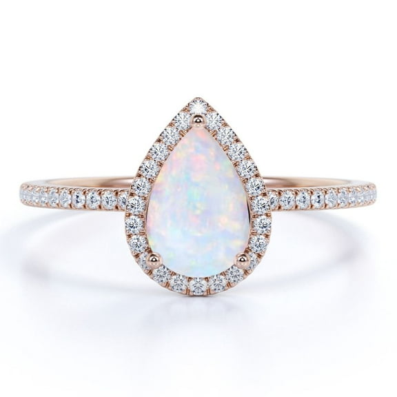 JeenMata Pave Setting - 1 Carat Pear Cut White Fiery Opal and Moissanite - Triple Prong Set - Halo Engagement Ring - 18K Rose Gold Plating over Silver