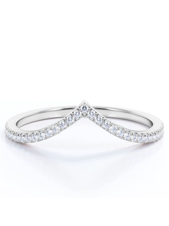Pave-Style Accented 0.25 Carat Round Cut Moissanite Chevron Anniversary Ring in 18K White Gold Plating over Silver