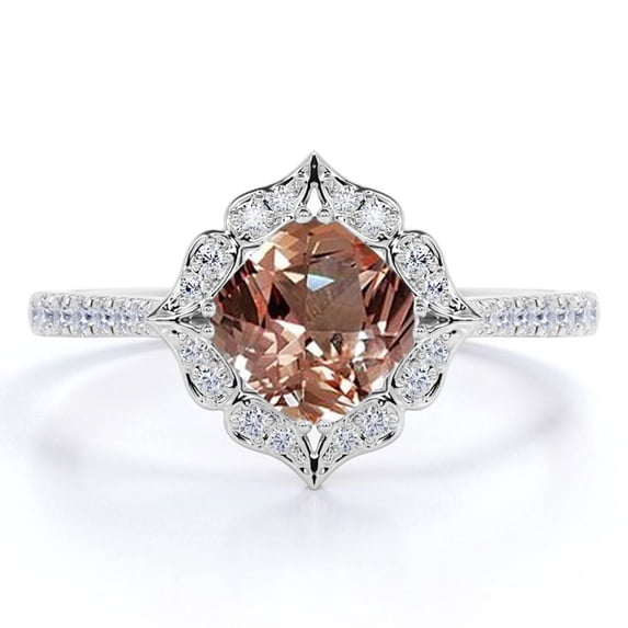 JeenMata Peach Pink 1.50 Carat Cushion cut created morganite and Moissanite Engagement Ring in 18k Gold Over Sterling Silver