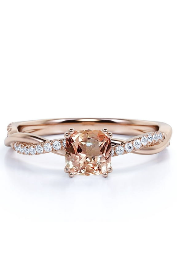 Peach Pink 1.75 Carat Cushion cut created morganite and Moissanite Engagement Ring in 18k Gold Over Sterling Silver