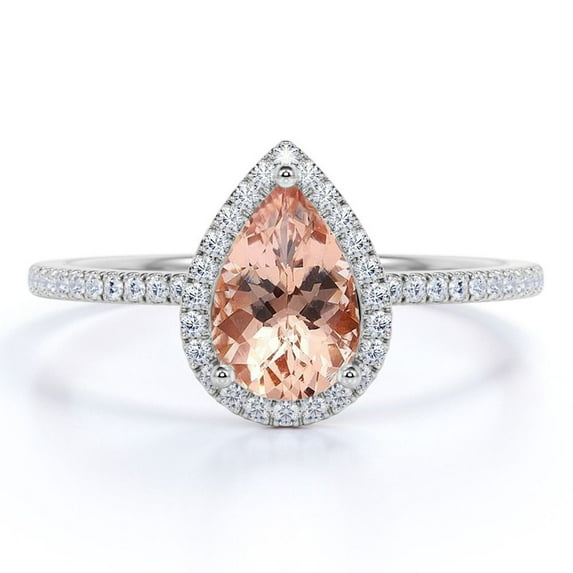 JeenMata Peach Pink 1 Carat Pear Cut Created Morganite and Moissanite Engagement Ring in 18K Gold Over Sterling Silver