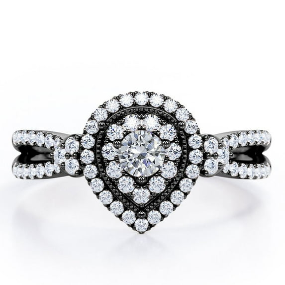 JeenMata Pear-Shaped Double Halo - 0.5 TCW Round Cut Diamond - Pave Split Shank Engagement Ring - 10K Black Gold
