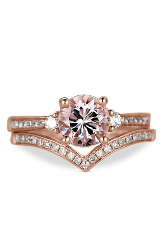 Perfect 1.50 Carat Three Stone created morganite and Moissanite Wedding Ring Set in Rose Gold