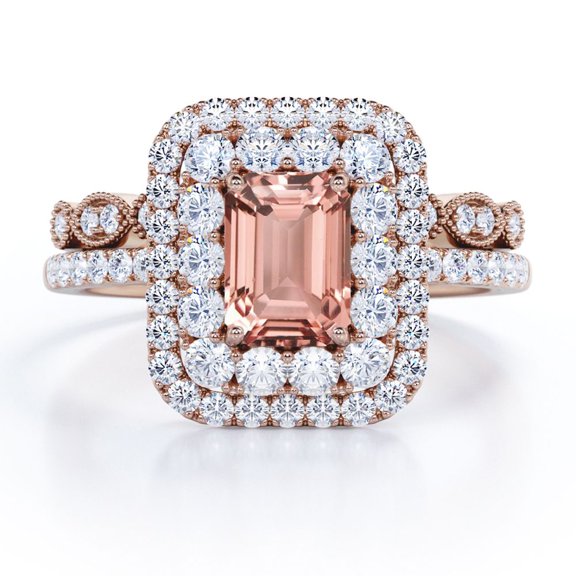 JeenMata Perfect Halo Bridal Set on Sale 1.75 Carat Emerald Cut created morganite and Moissanite Bridal Set in Rose Gold: Bestselling Design