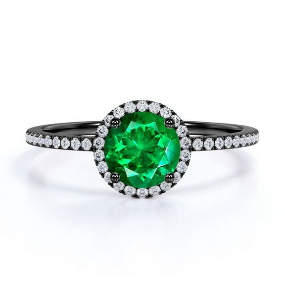 JeenMata Petite Pave Design 1 TCW Round Cut Lab Created Emerald and Moissanite Classic Halo Engagement Ring in 18K Black Gold Plating over Silver