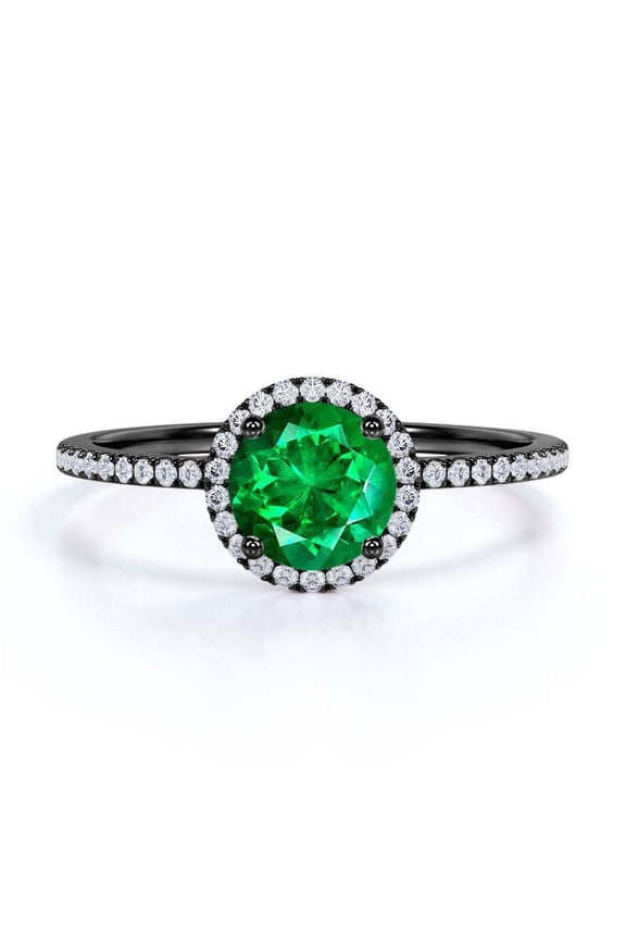 Petite Pave Design 1 TCW Round Cut Lab Created Emerald and Moissanite Classic Halo Engagement Ring in 18K Black Gold Plating over Silver