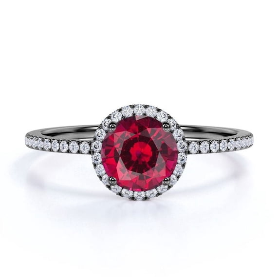JeenMata Petite Pave Design 1 TCW Round Cut Lab Created Ruby and Moissanite Classic Halo Engagement Ring in 18K Black Gold Plating over Silver