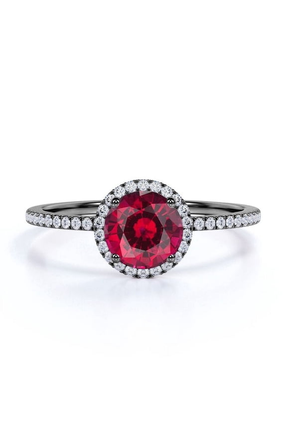 Petite Pave Design 1 TCW Round Cut Lab Created Ruby and Moissanite Classic Halo Engagement Ring in 18K Black Gold Plating over Silver
