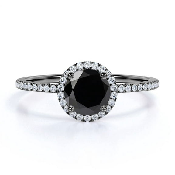 JeenMata Petite Pave Design - 1 TCW Round Shaped Lab Created Black Diamond and Moissanite - Classic Halo Engagement Ring - 18K Black Gold Plating over Silver