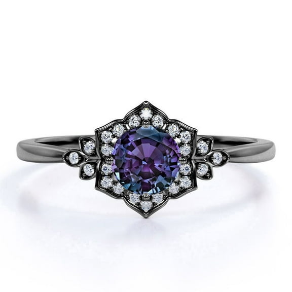 JeenMata Pinched Shank .75 Carat Round Cut Lab Created Alexandrite and Moissanite Lily Frame Engagement Ring in 18k Black Gold over Silver