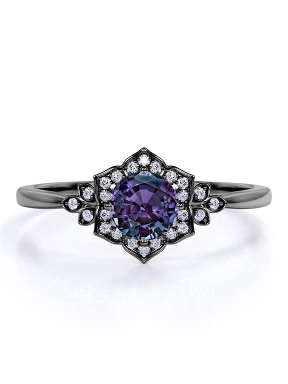 Pinched Shank .75 Carat Round Cut Lab Created Alexandrite and Moissanite Lily Frame Engagement Ring in 18k Black Gold over Silver