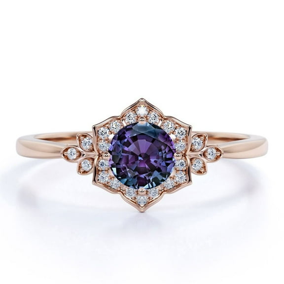 JeenMata Pinched Shank .75 Carat Round Cut Lab Created Alexandrite and Moissanite Lily Frame Engagement Ring in 18k Rose Gold over Silver
