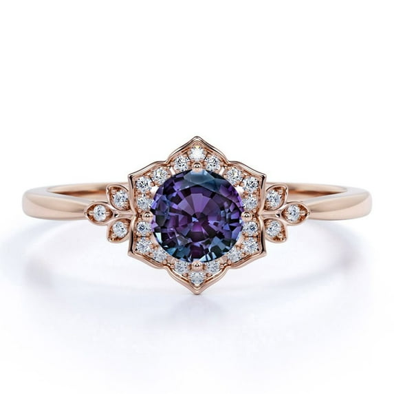 JeenMata Pinched Shank .75 Carat Round Cut Lab Created Alexandrite and Moissanite Lily Frame Engagement Ring in 18k Rose Gold over Silver