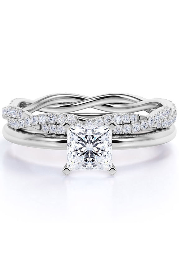 Plain Shank 1.5 Carat Princess Cut Moissanite Bridal Set Infinity Wedding Band in 18k White Gold Over Silver