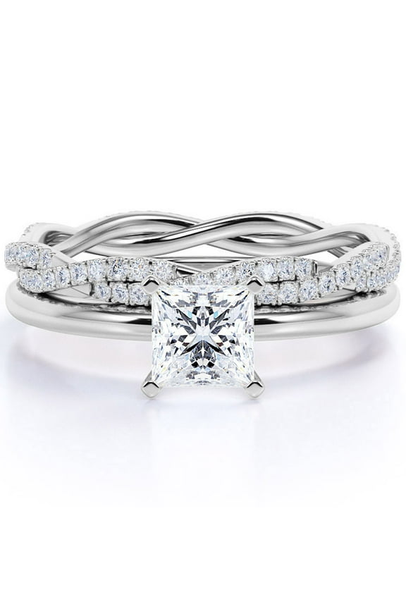 Plain Shank 1.5 Carat Princess Cut Moissanite Bridal Set Infinity Wedding Band in 18k White Gold Over Silver