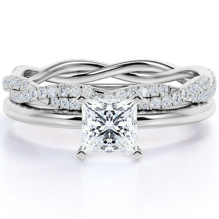 JeenMata Plain Shank 1.5 Carat Princess Cut Moissanite Bridal Set Infinity Wedding Band in 18k White Gold Over Silver