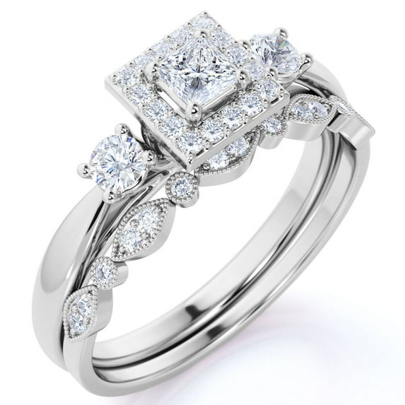 JeenMata Princess Cut Diamond - 3 Stone Art Deco - Halo Ring & Scalloped Band - Vintage Wedding Ring Set in 10K White Gold