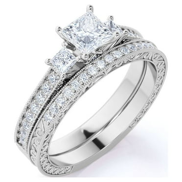 JeenMata Princess Cut Diamond - Pave - Three Stone Ring - Victorian Style - Vintage Wedding Ring Set in 10K White Gold