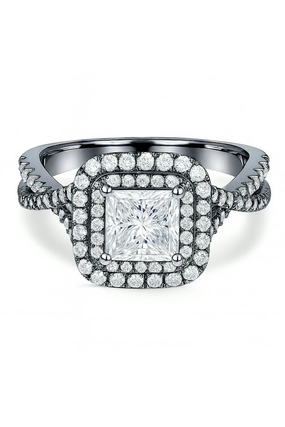 1 Carat Princess Cut Moissanite Engagement Ring - Bridal Set - Double Halo Ring - Cluster Ring - 18k Black Gold Plated for Women